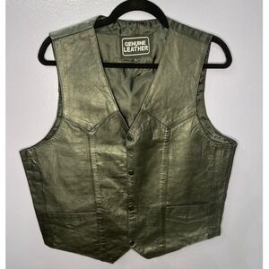 Mens Genuine Leather Vest Black V-Neck Button Front Pockets L